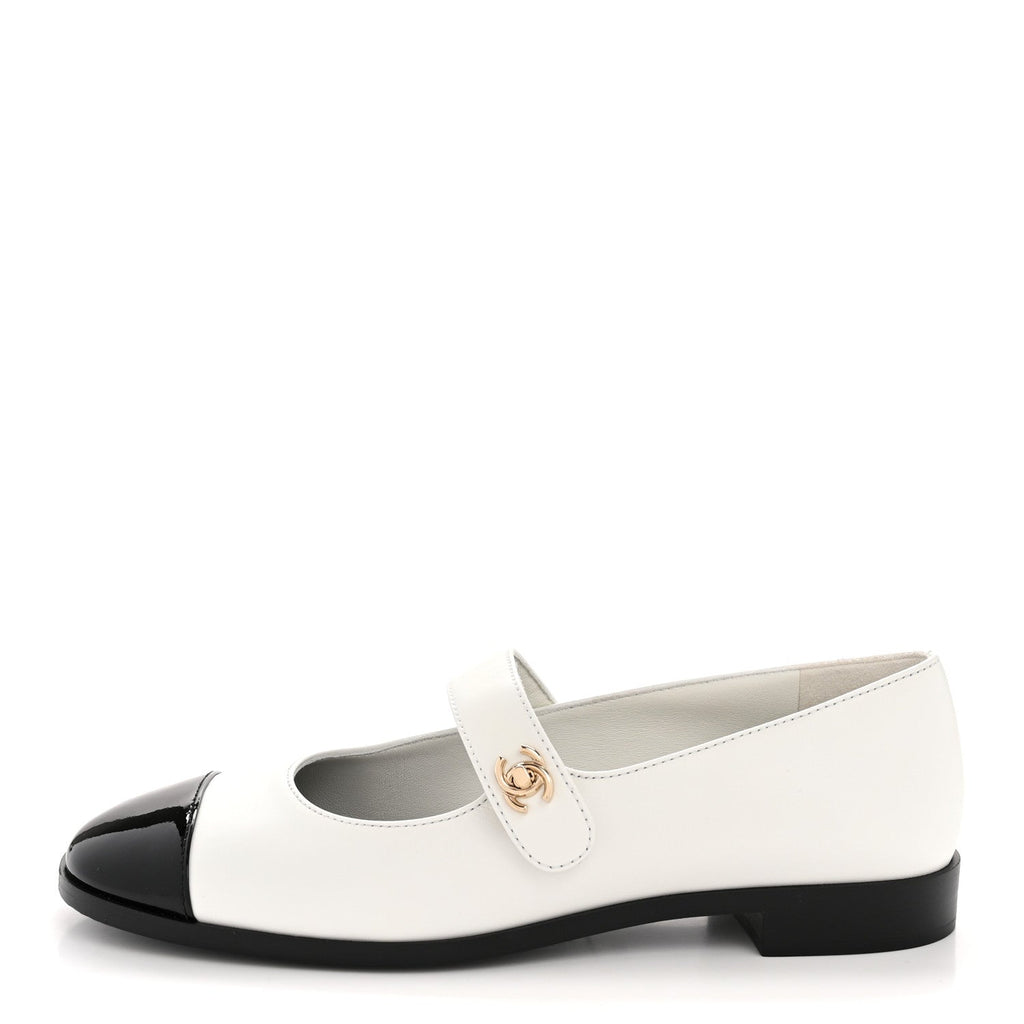 CALFSKIN PATENT MARY JANES FLATS WHITE BLACK