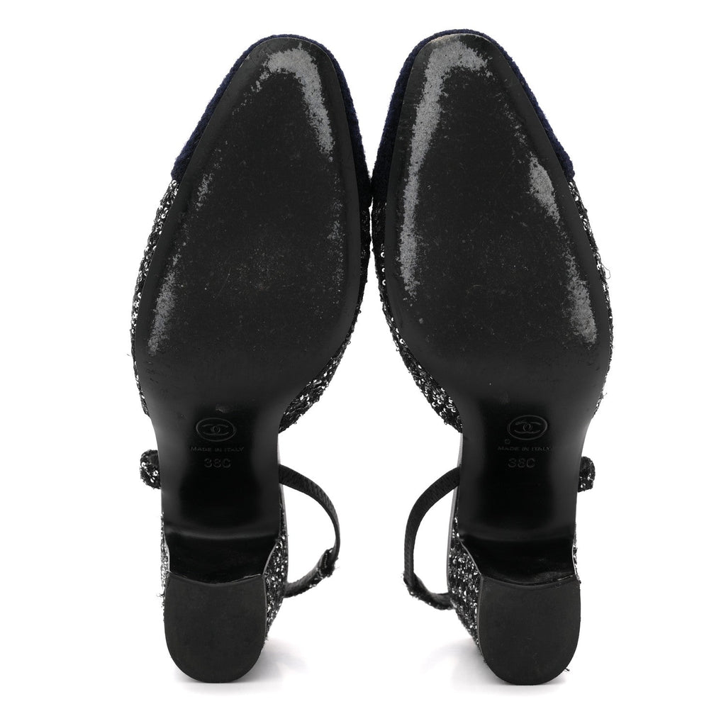 TWEED SEQUIN CAP TOE CC SLINGBACK PUMPS BLACK WHITE SILVER