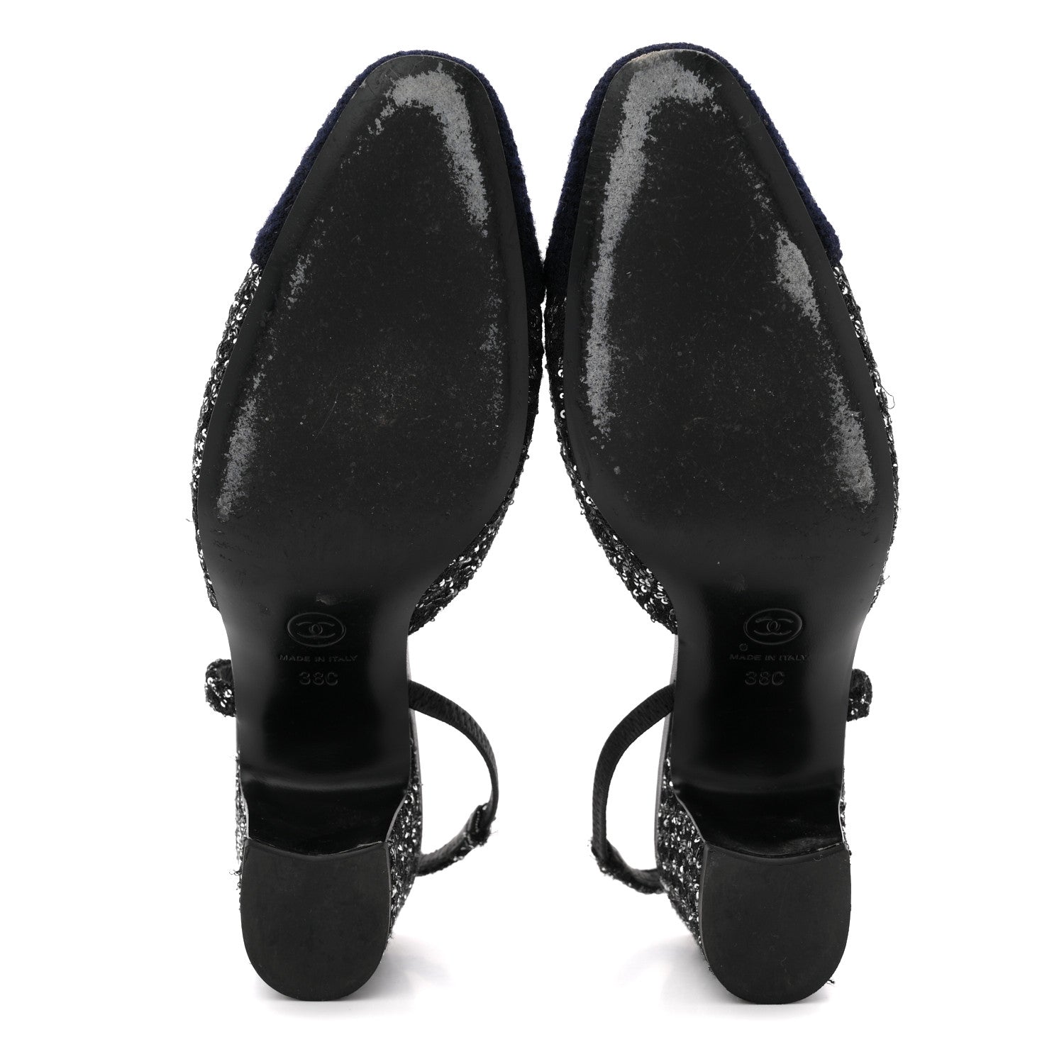 TWEED SEQUIN CAP TOE CC SLINGBACK PUMPS BLACK WHITE SILVER