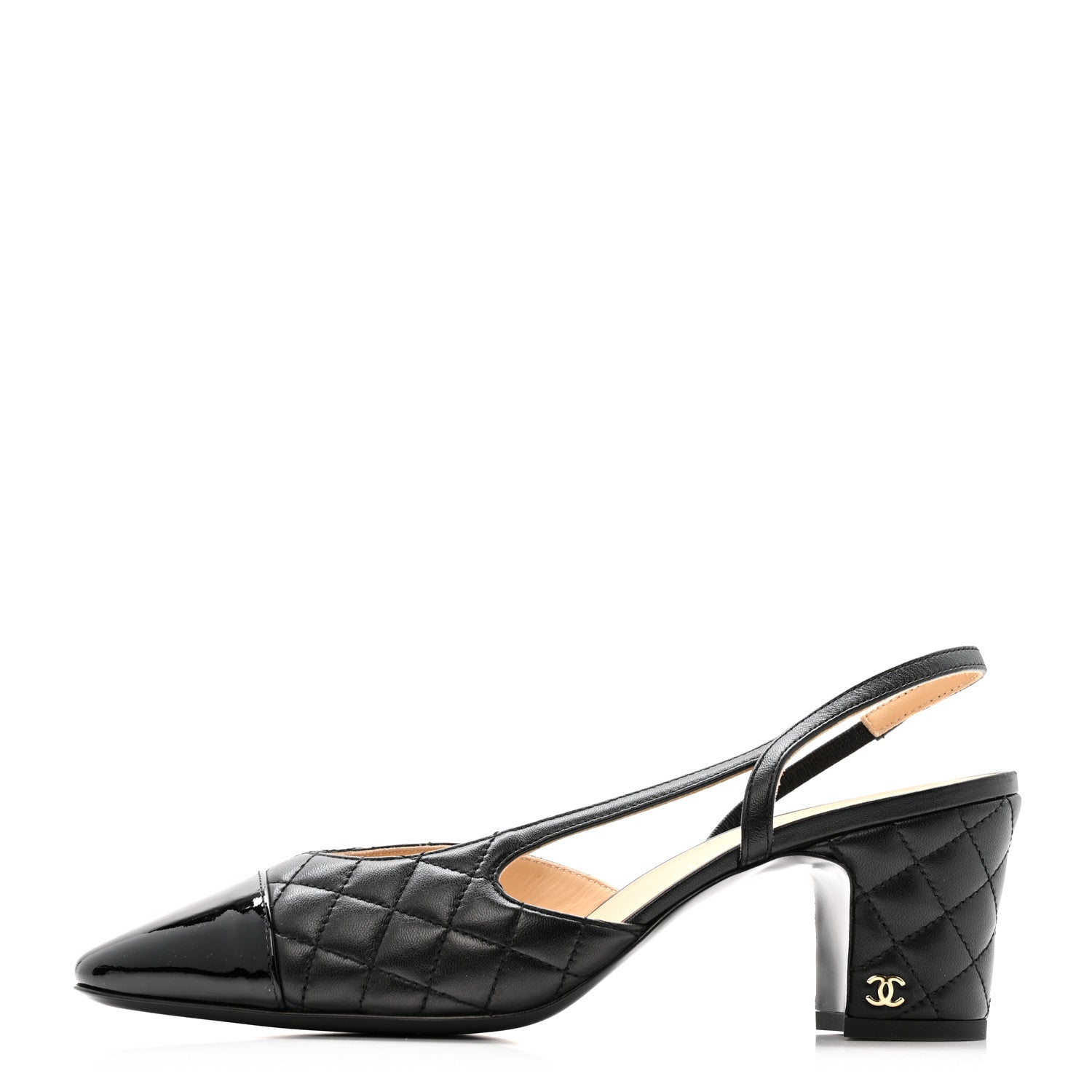 LAMBSKIN PATENT CALFSKIN QUILTED CAP TOE CC SLINGBACK PUMPS BLACK
