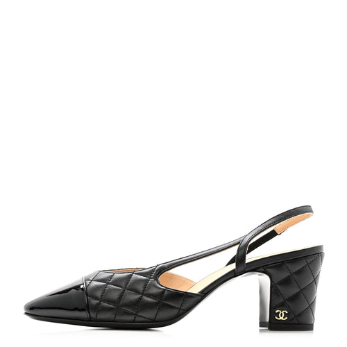 LAMBSKIN PATENT CALFSKIN QUILTED CAP TOE CC SLINGBACK PUMPS BLACK