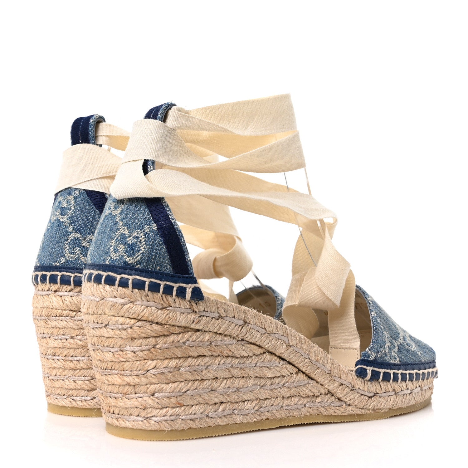 NEW DENIM GG MONOGRAM PILAR ANKLE WRAP ESPADRILLE WEDGE SANDALS LIGHT BLUE