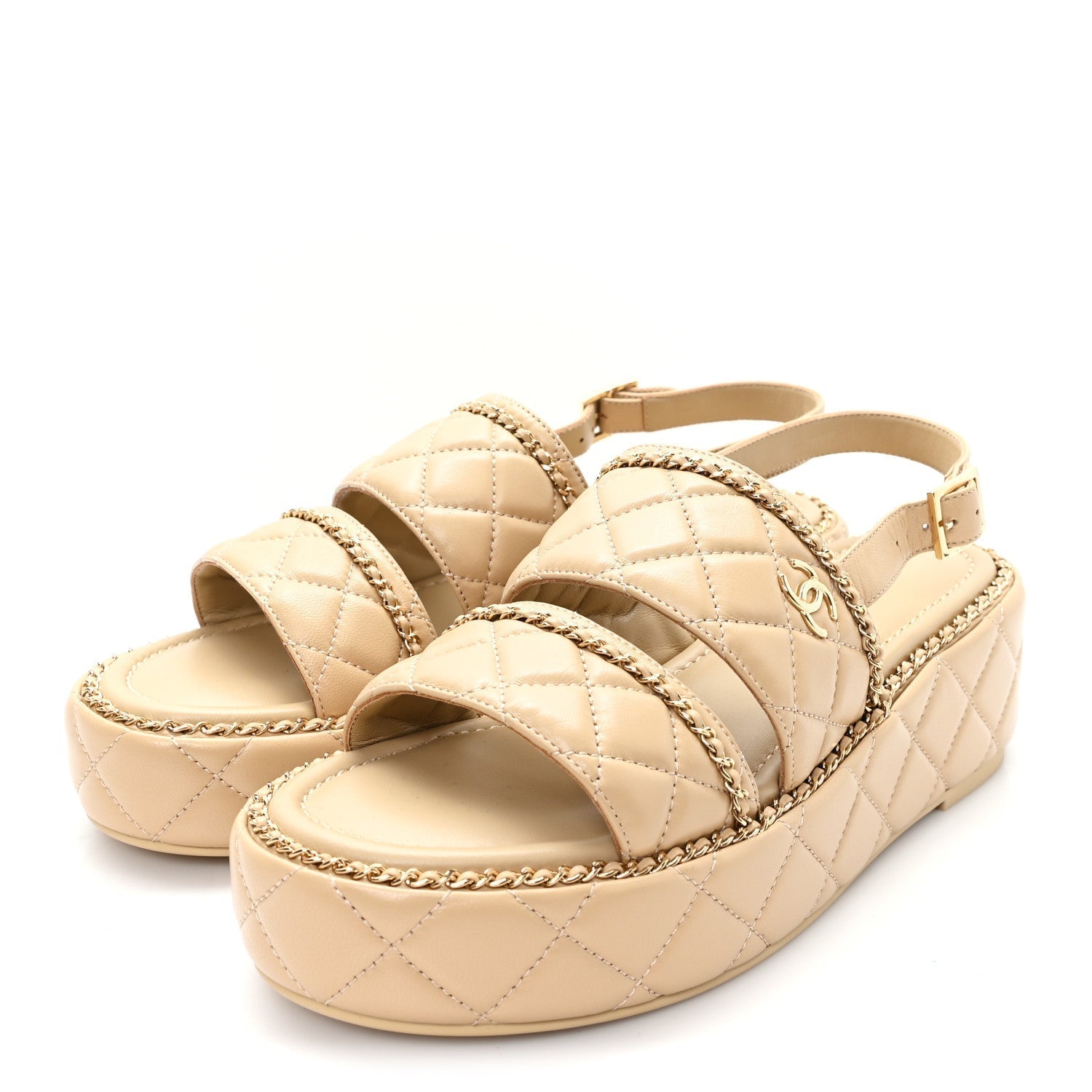 SHINY LAMBSKIN QUILTED CHAIN AROUND CC PLATFORM SANDALS BEIGE