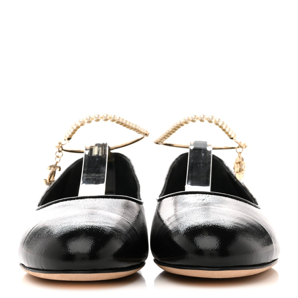 SHINY LAMBSKIN PEARL CAP TOE ANKLE CHAIN BALLERINA FLATS BLACK