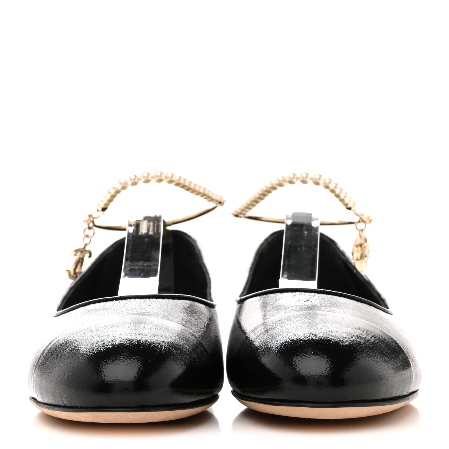 SHINY LAMBSKIN PEARL CAP TOE ANKLE CHAIN BALLERINA FLATS BLACK