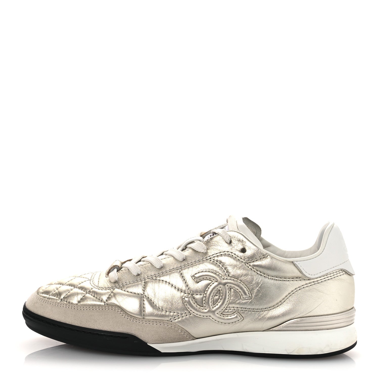 LAMINATED CALFSKIN SUEDE QUILTED WOMENS CC SNEAKERS SILVER WHITE