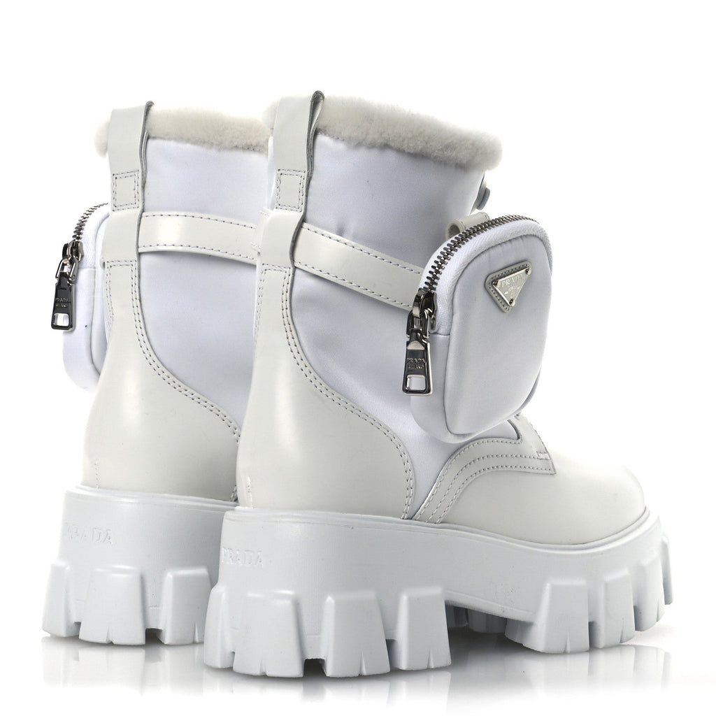 SPAZZOLATO ROIS NYLON SHEARLING METAL TRIANGLE LOGO MONOLITH POUCH POCKET 55MM BOOTS WHITE