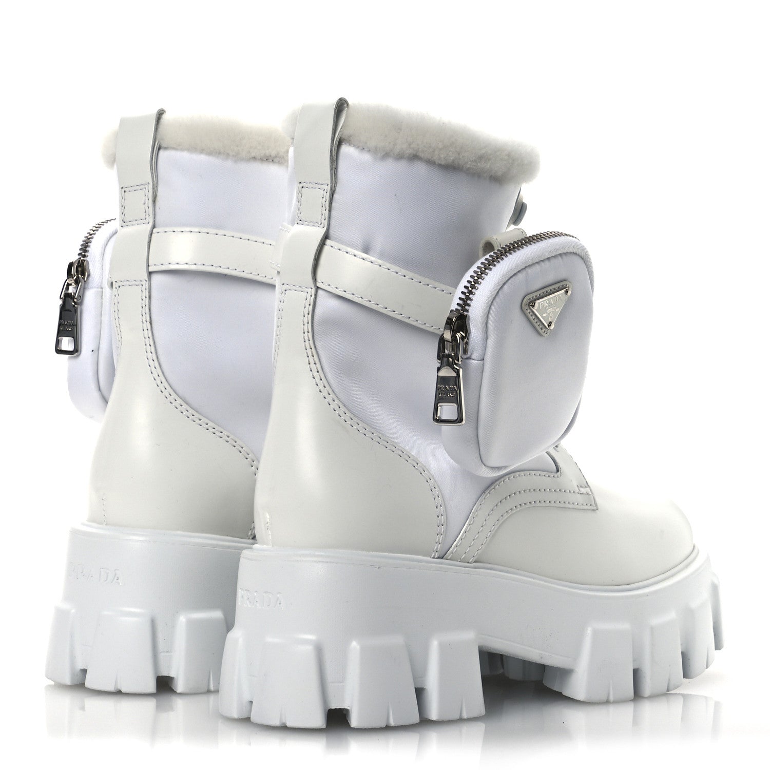 SPAZZOLATO ROIS NYLON SHEARLING METAL TRIANGLE LOGO MONOLITH POUCH POCKET 55MM BOOTS WHITE