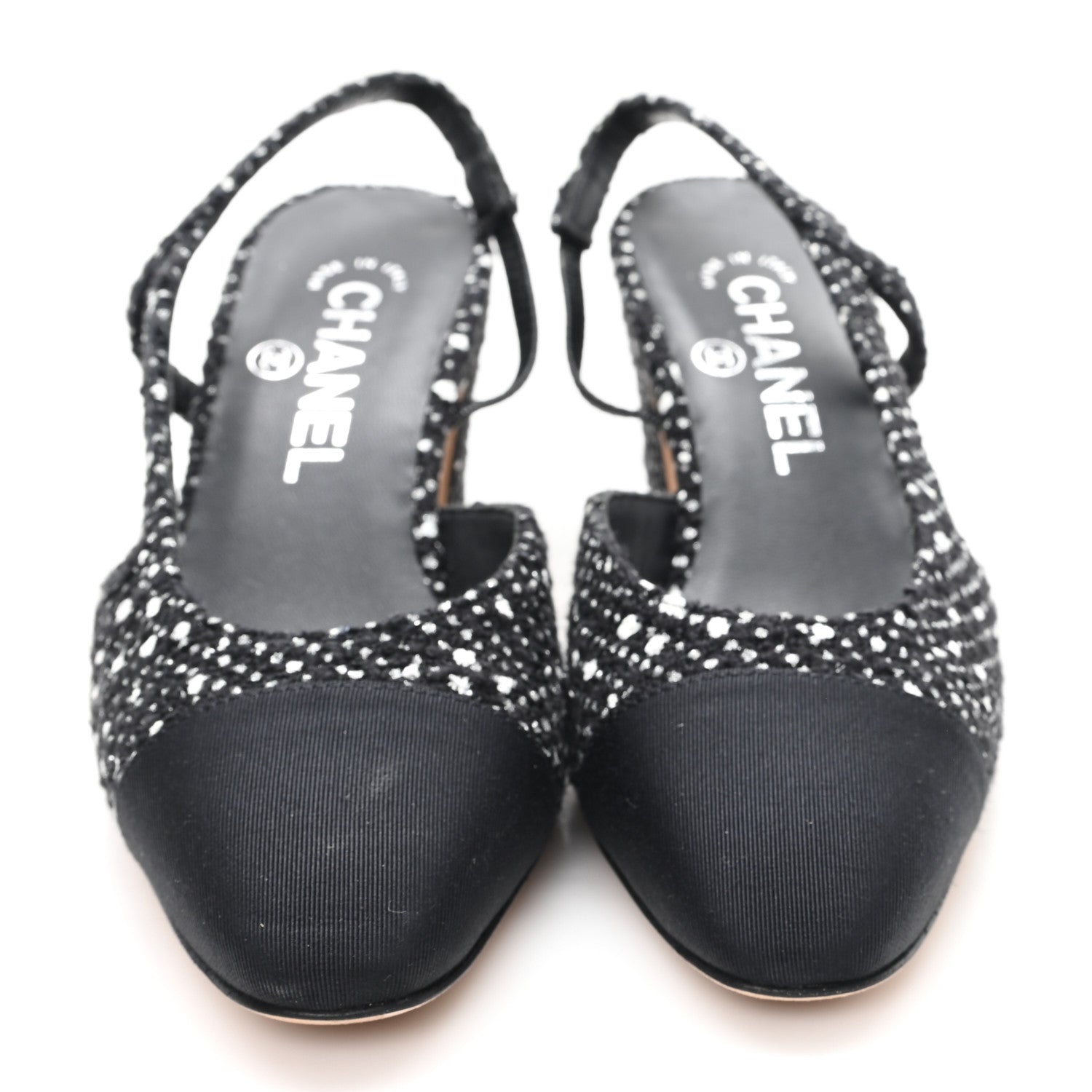 TWEED POLKADOT GROSGRAIN CAP TOE CC SLINGBACK PUMPS BLACK WHITE SILVER