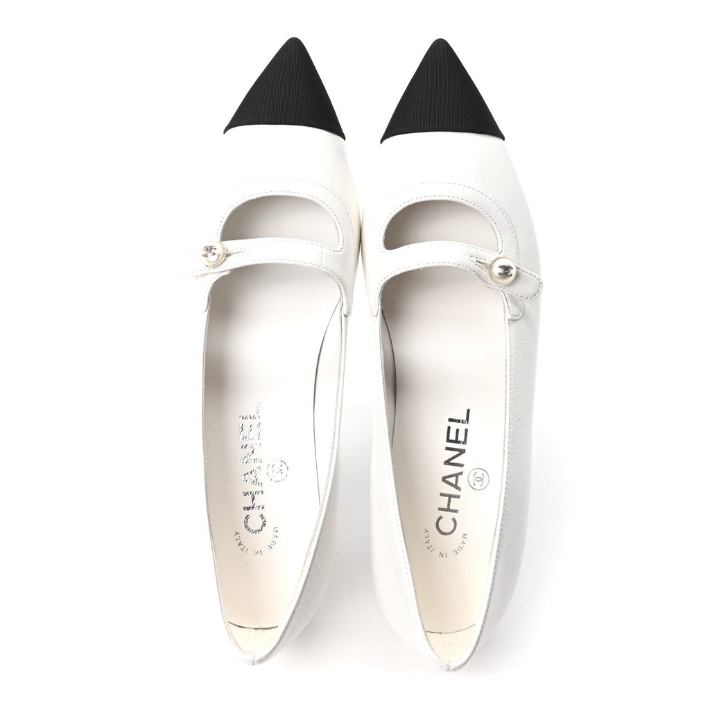 SHINY LAMBSKIN GROSGRAIN PEARL MARY JANES FLATS WHITE BLACK