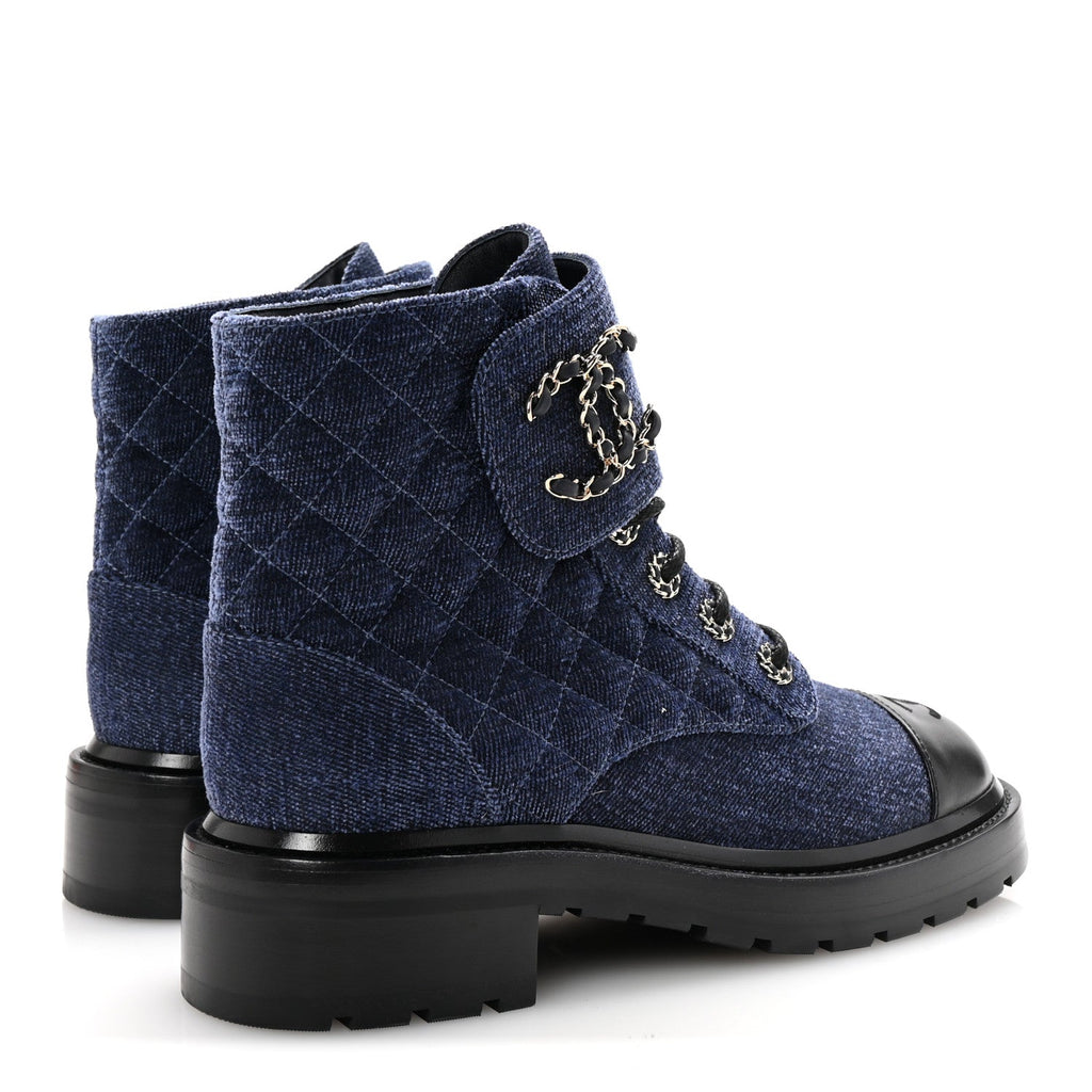 SHINY CALFSKIN VELVET QUILTED LACE UP COMBAT BOOTS BLUE BLACK