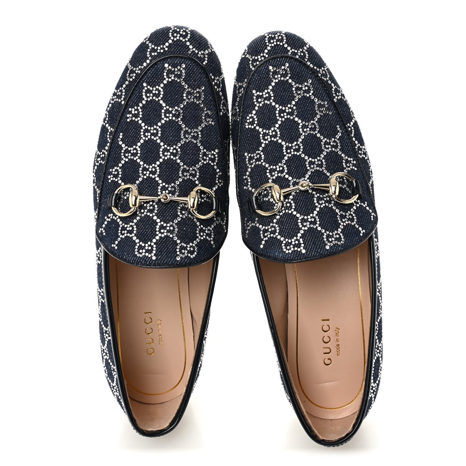 DENIM CRYSTAL GG MONOGRAM HORSEBIT WOMENS JORDAAN LOAFERS DEEP BLUE BLUE MILAD