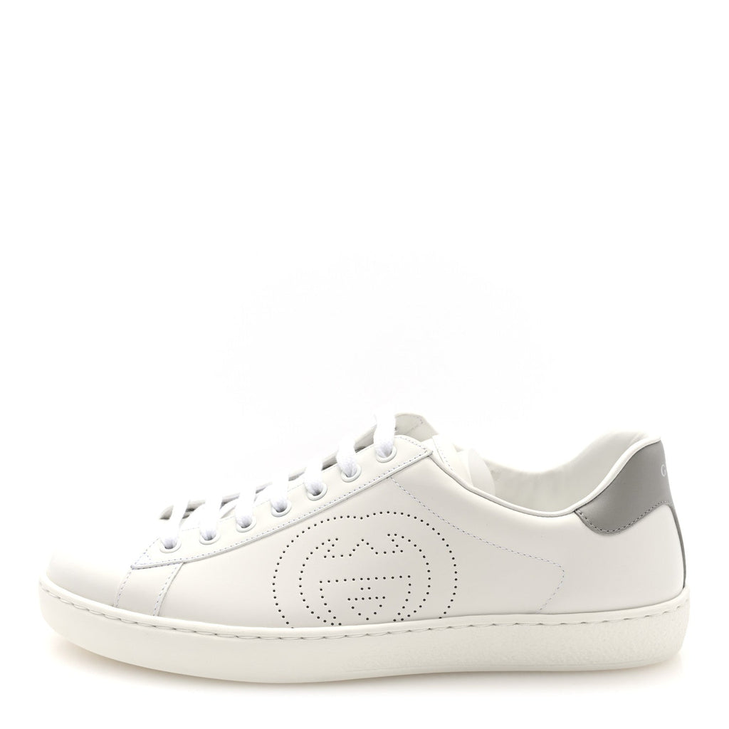 CALFSKIN INTERLOCKING G PERFORATED MENS ACE SNEAKERS WHITE GREY SKY