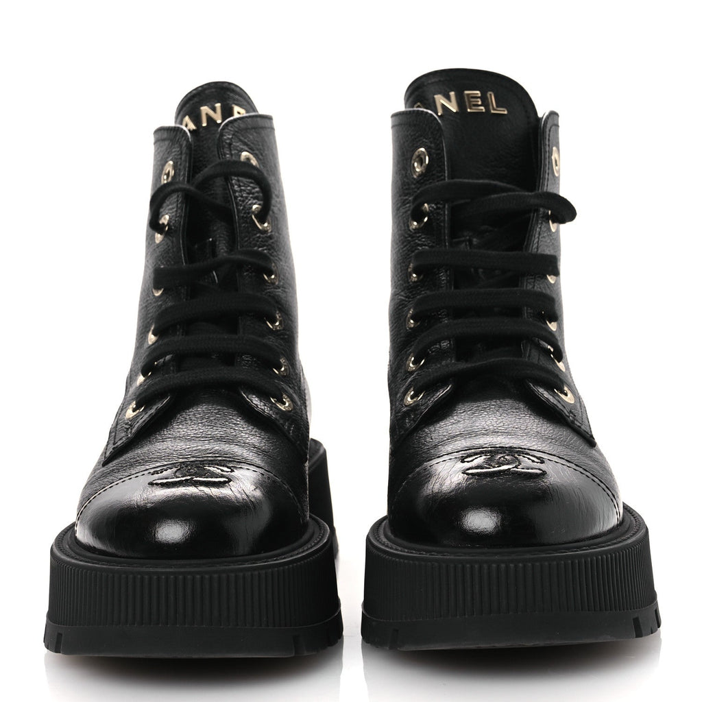 GRAINED CALFSKIN SHINY CALFSKIN CC LACE UP COMBAT BOOTS BLACK