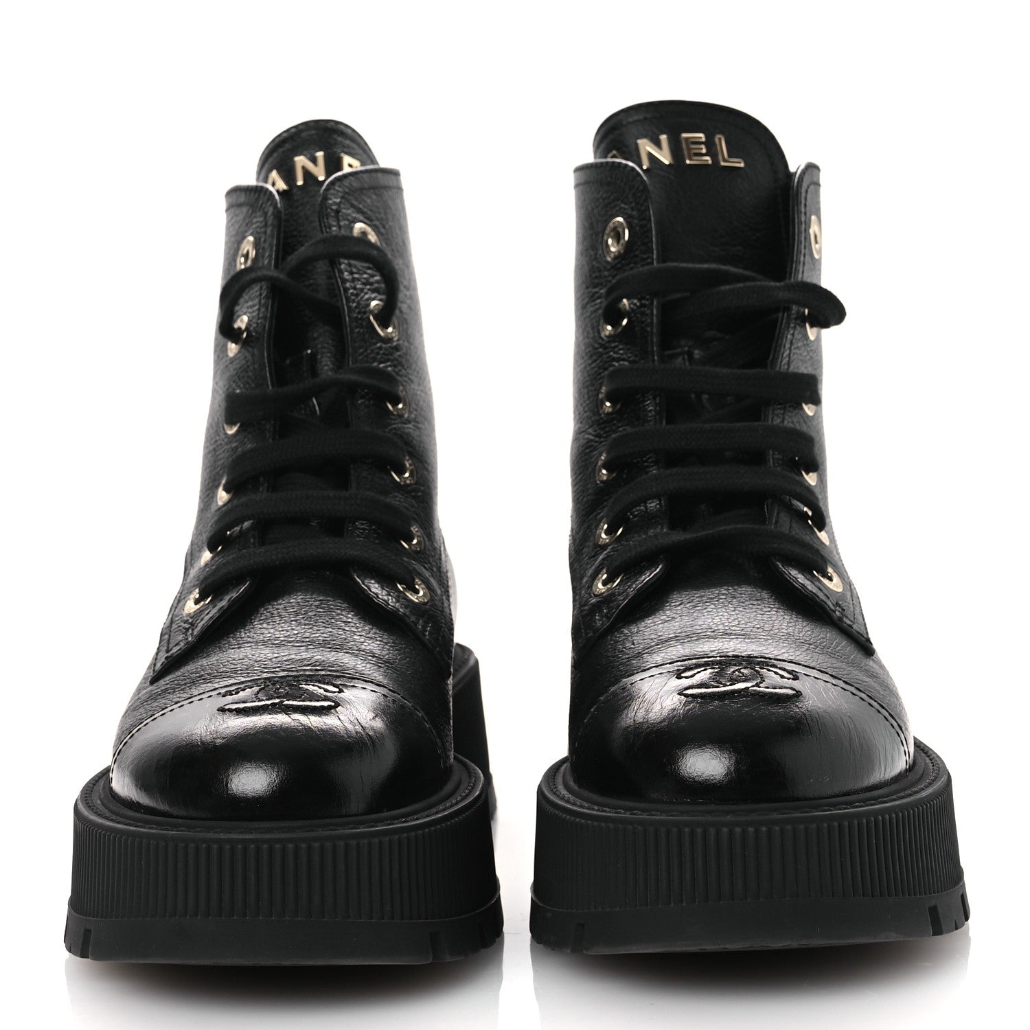 GRAINED CALFSKIN SHINY CALFSKIN CC LACE UP COMBAT BOOTS BLACK