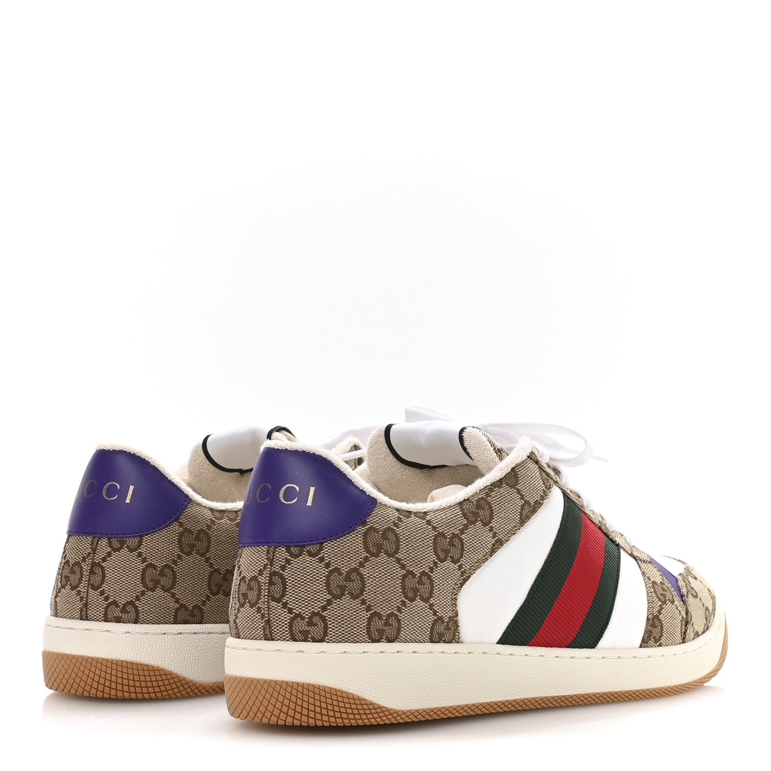 GG SUPEREME MONOGRAM CALFSKIN WEB MENS SCREENER SNEAKERS BEIGE EBONY WHITE SHINE PURPLE