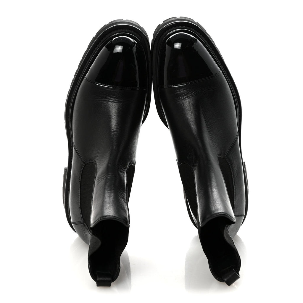 CALFSKIN PATENT CAP TOE ANKLE BOOTS BLACK