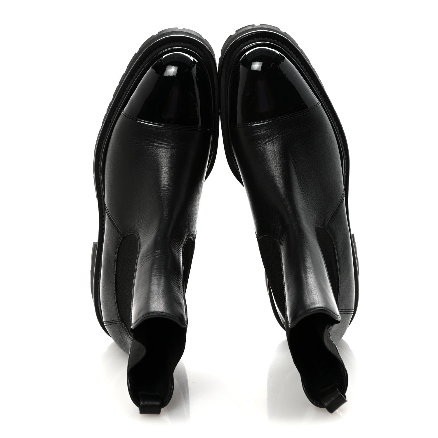 CALFSKIN PATENT CAP TOE ANKLE BOOTS BLACK
