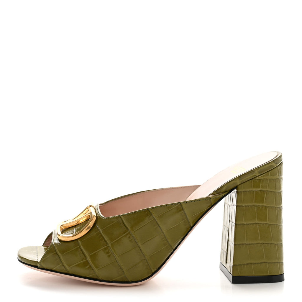 CALFSKIN PRINTED CROCODILE EFFECT VLOGO SIGNATURE 95MM SLIDE SANDALS GREEN