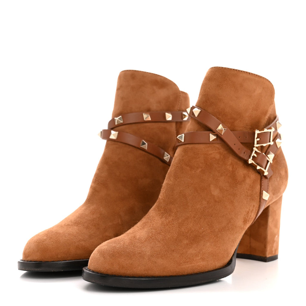 SUEDE ROCKSTUD DOUBLE BUCKLE 100MM BLOCK HEEL ANKLE BOOTS BROWN
