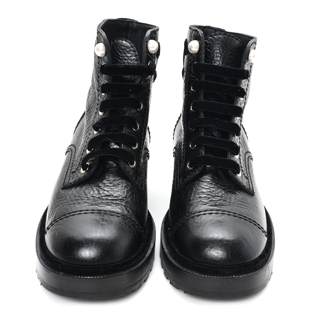 SHINY CALFSKIN VELVET PEARL COMBAT SHORT BOOTS BLACK
