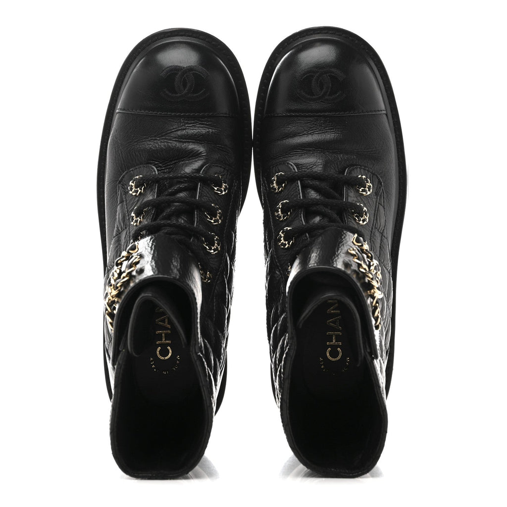SHINY GOATSKIN CALFSKIN QUILTED LACE UP COMBAT BOOTS BLACK