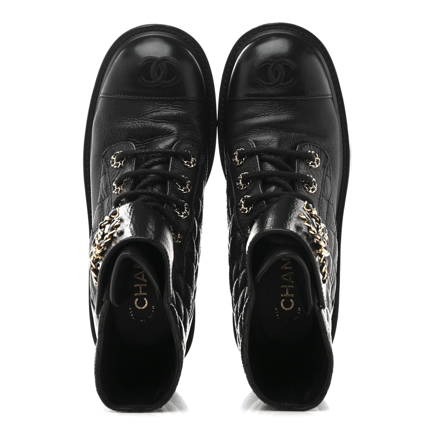 SHINY GOATSKIN CALFSKIN QUILTED LACE UP COMBAT BOOTS BLACK