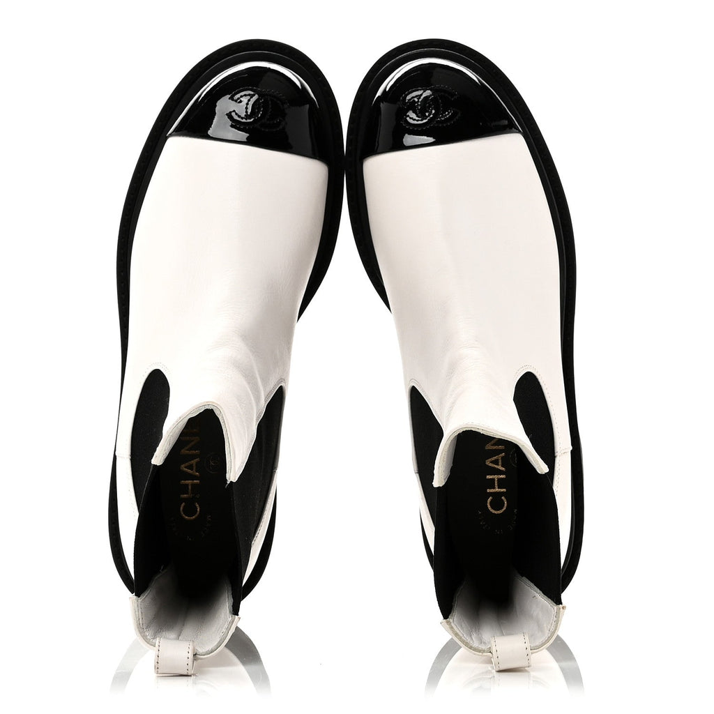 PATENT CALFSKIN CAP TOE CC ANKLE BOOTS WHITE BLACK