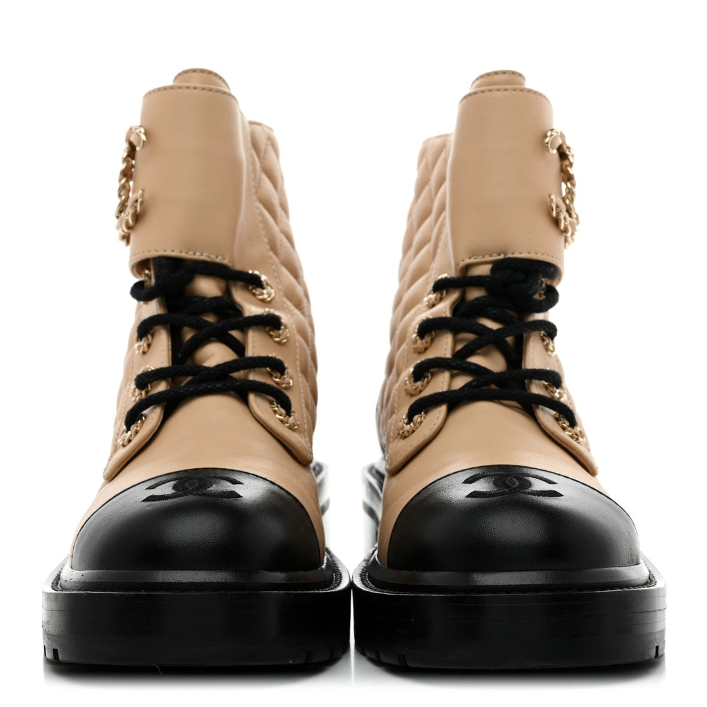 LAMBSKIN CALFSKIN QUILTED LACE UP COMBAT BOOTS BEIGE BLACK