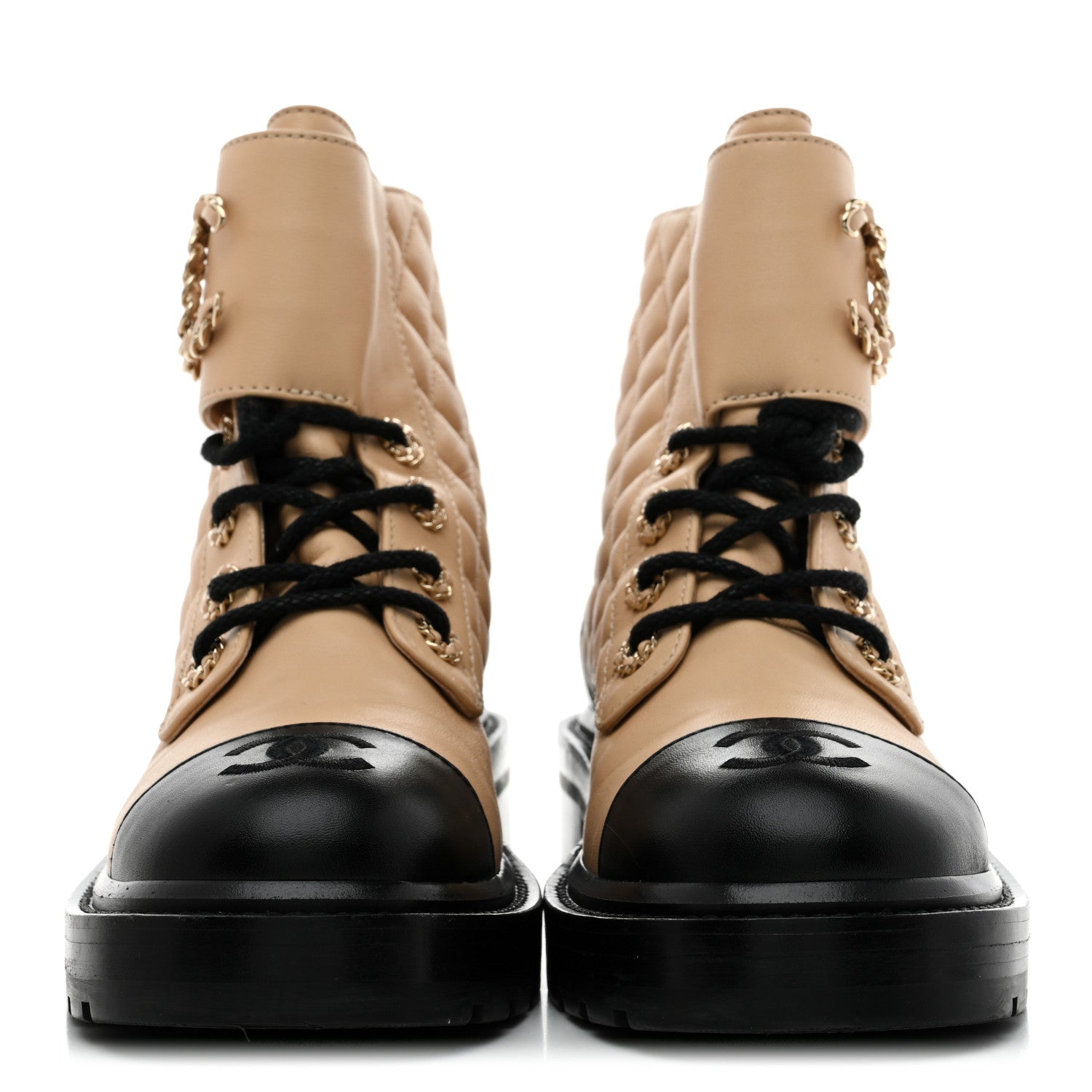 LAMBSKIN CALFSKIN QUILTED LACE UP COMBAT BOOTS BEIGE BLACK