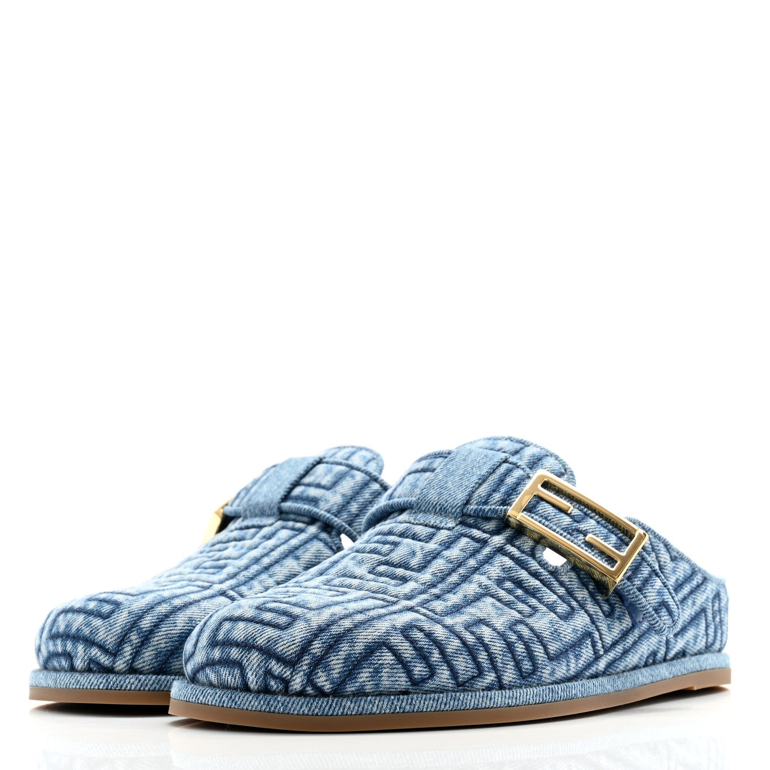 FENDI FEEL FF BUCKLED MULE IN BLUE DENIM JACQUARD