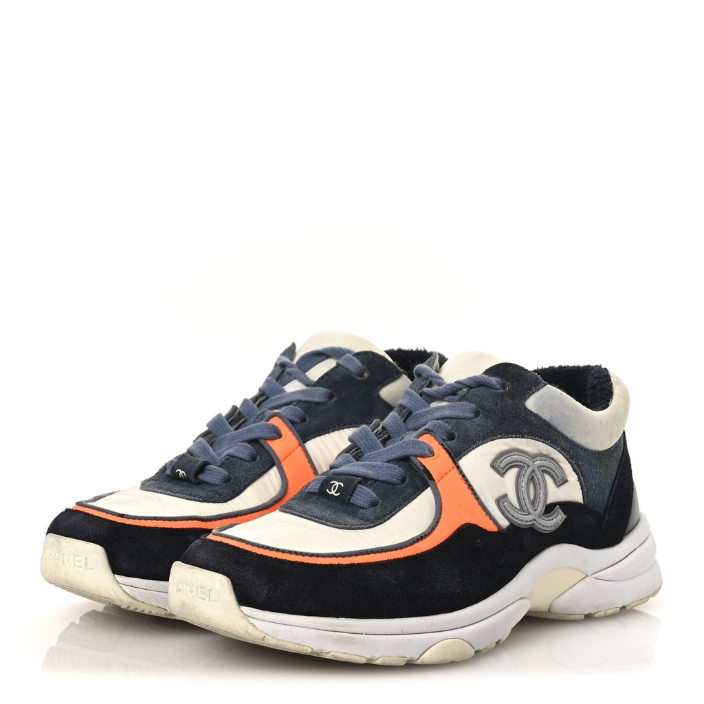 NYLON CALFSKIN SUEDE CC WOMENS SNEAKERS NAVY WHITE ORANGE BLACK