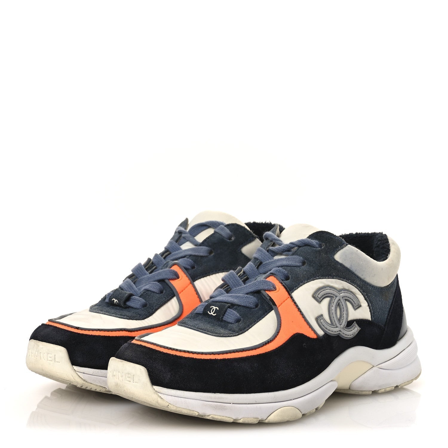 NYLON CALFSKIN SUEDE CC WOMENS SNEAKERS NAVY WHITE ORANGE BLACK
