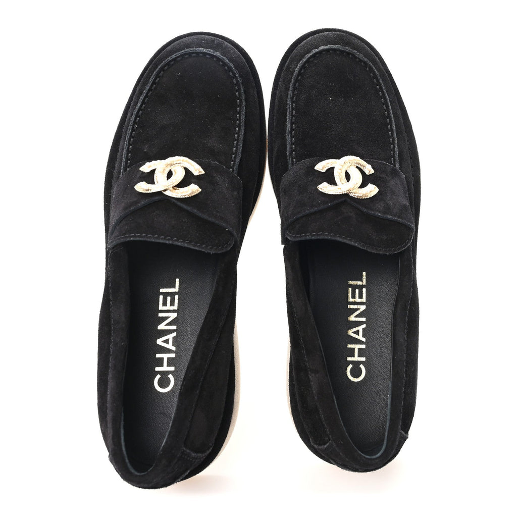 SUEDE CALFSKIN PEARL CC MOCCASIN LOAFERS BLACK