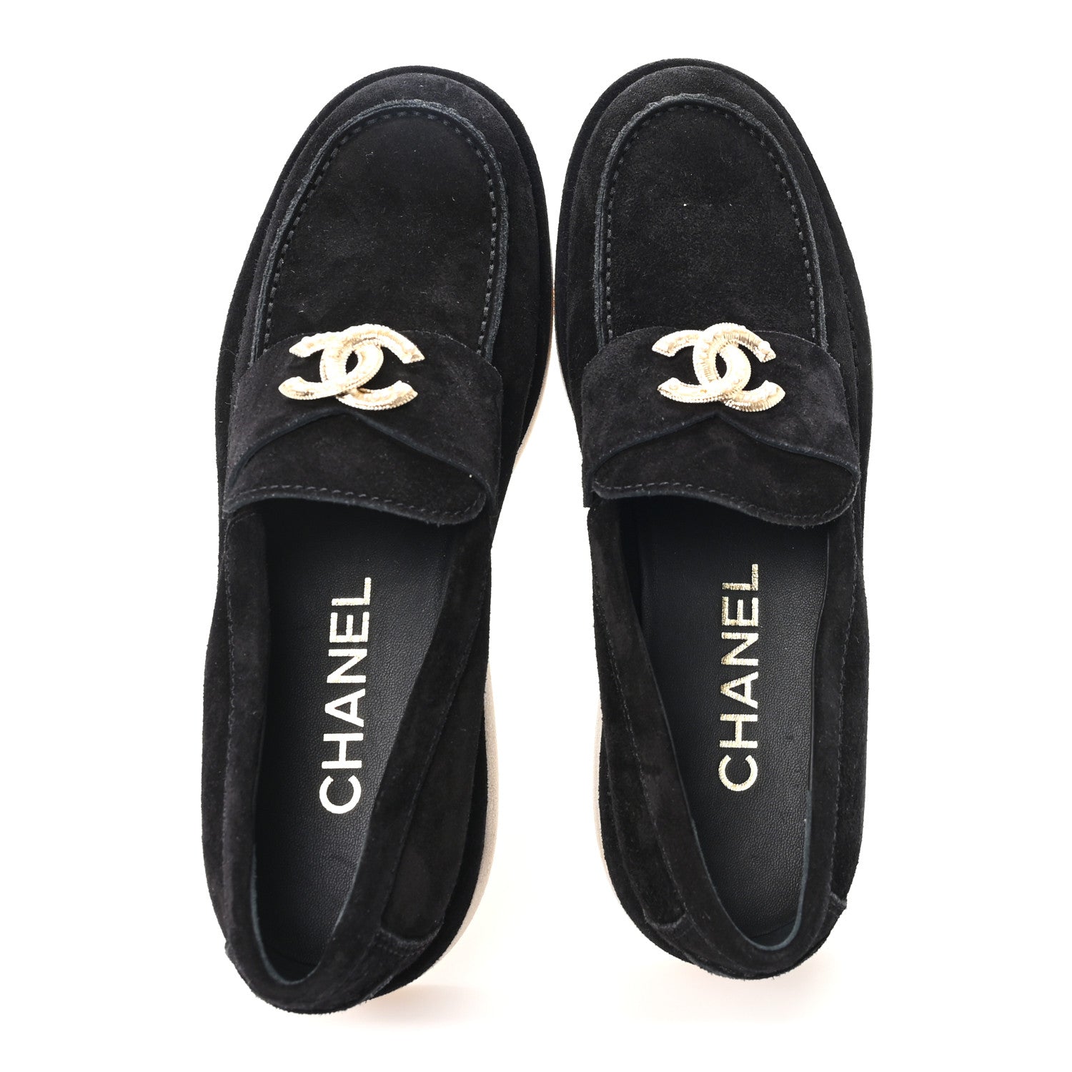SUEDE CALFSKIN PEARL CC MOCCASIN LOAFERS BLACK