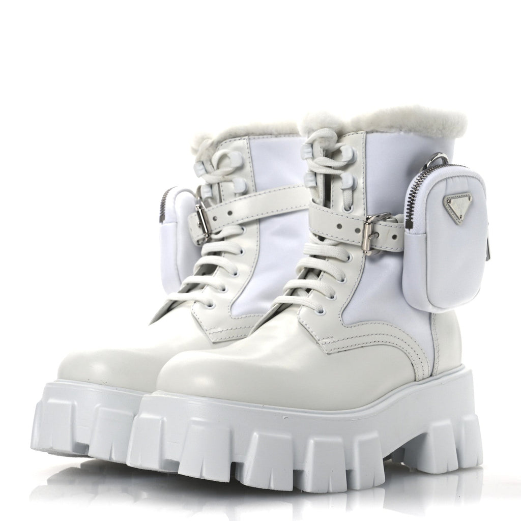 SPAZZOLATO ROIS NYLON SHEARLING METAL TRIANGLE LOGO MONOLITH POUCH POCKET 55MM BOOTS WHITE