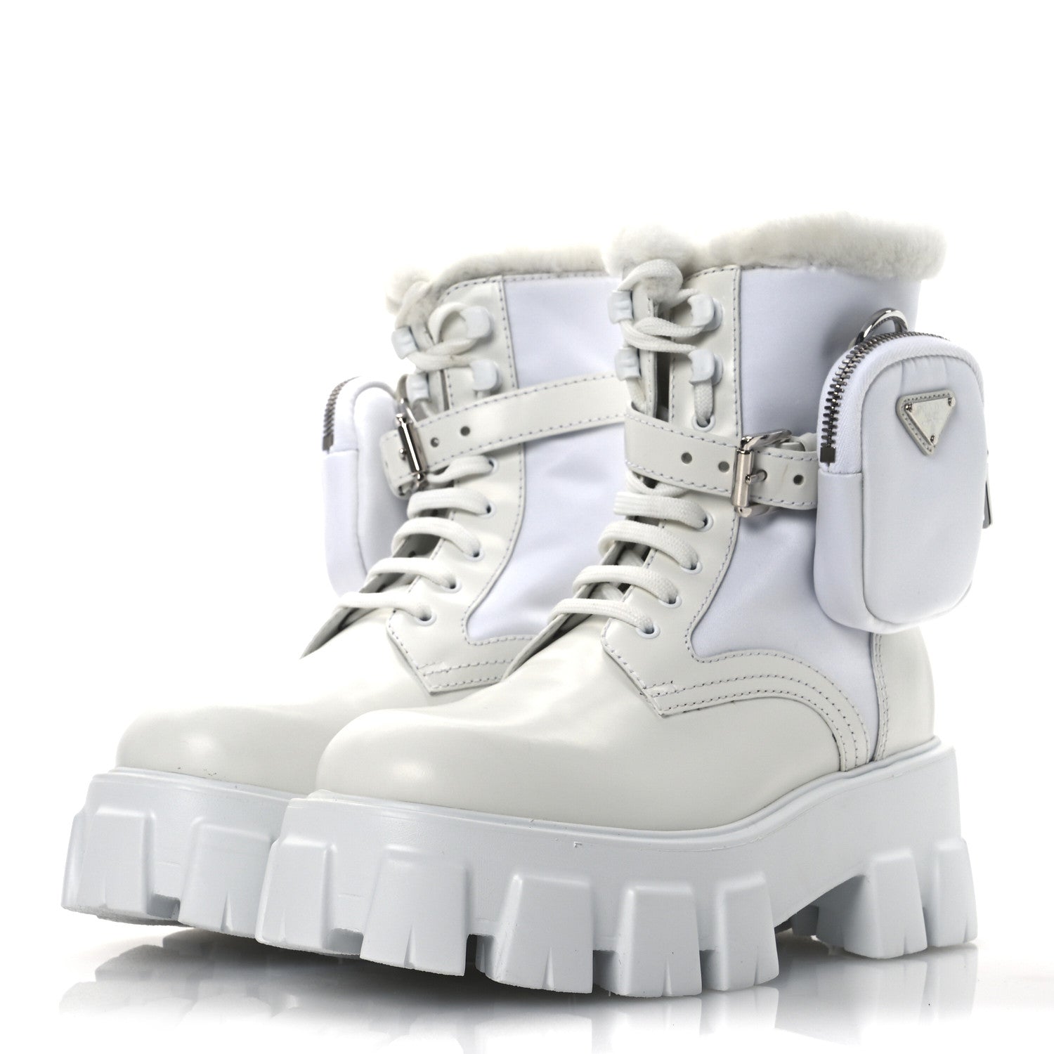 SPAZZOLATO ROIS NYLON SHEARLING METAL TRIANGLE LOGO MONOLITH POUCH POCKET 55MM BOOTS WHITE