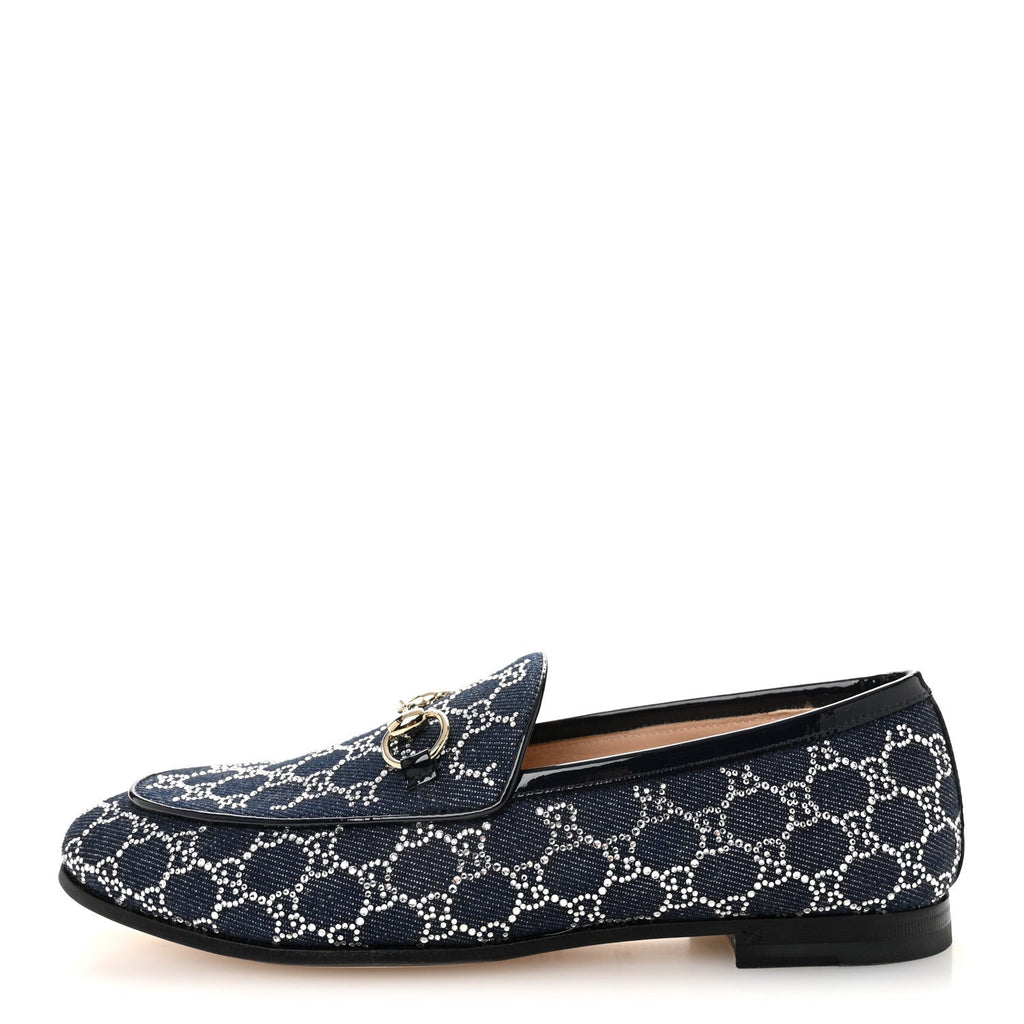 DENIM CRYSTAL GG MONOGRAM HORSEBIT WOMENS JORDAAN LOAFERS DEEP BLUE BLUE MILAD