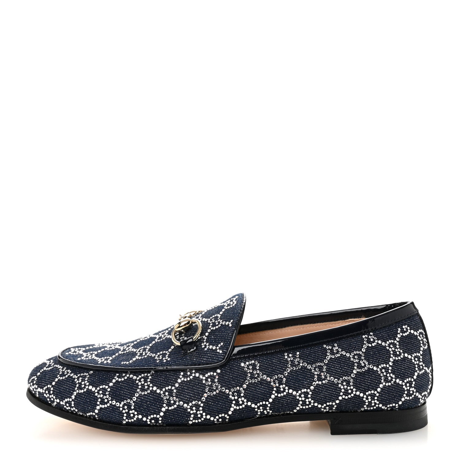 DENIM CRYSTAL GG MONOGRAM HORSEBIT WOMENS JORDAAN LOAFERS DEEP BLUE BLUE MILAD