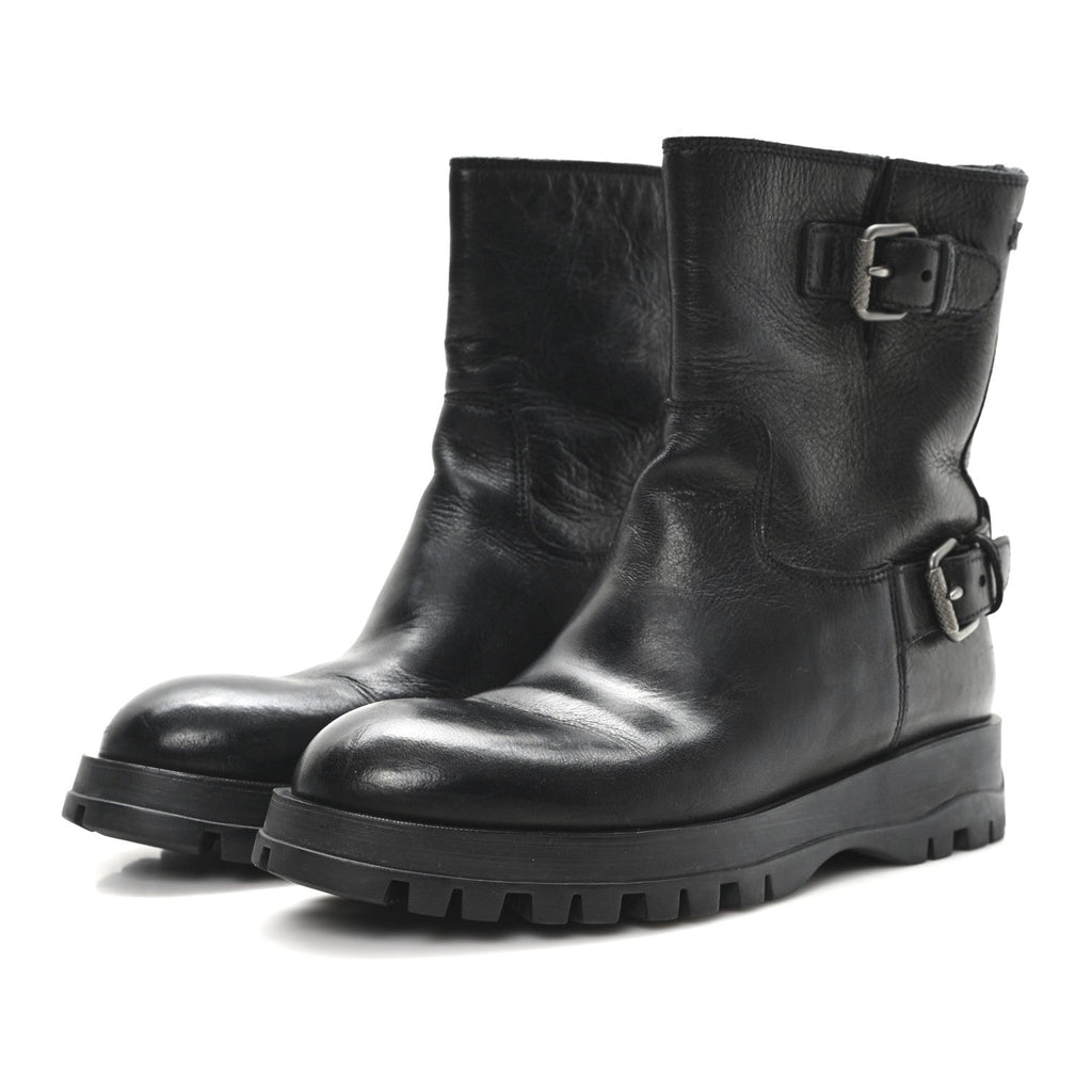 CALFSKIN DOUBLE BUCKLE COMBAT BOOTS BLACK