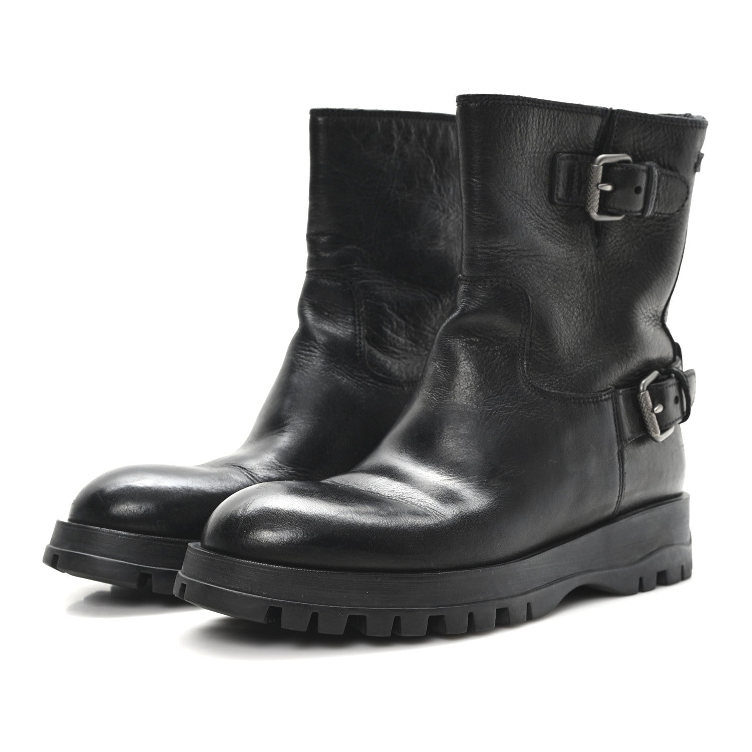CALFSKIN DOUBLE BUCKLE COMBAT BOOTS BLACK