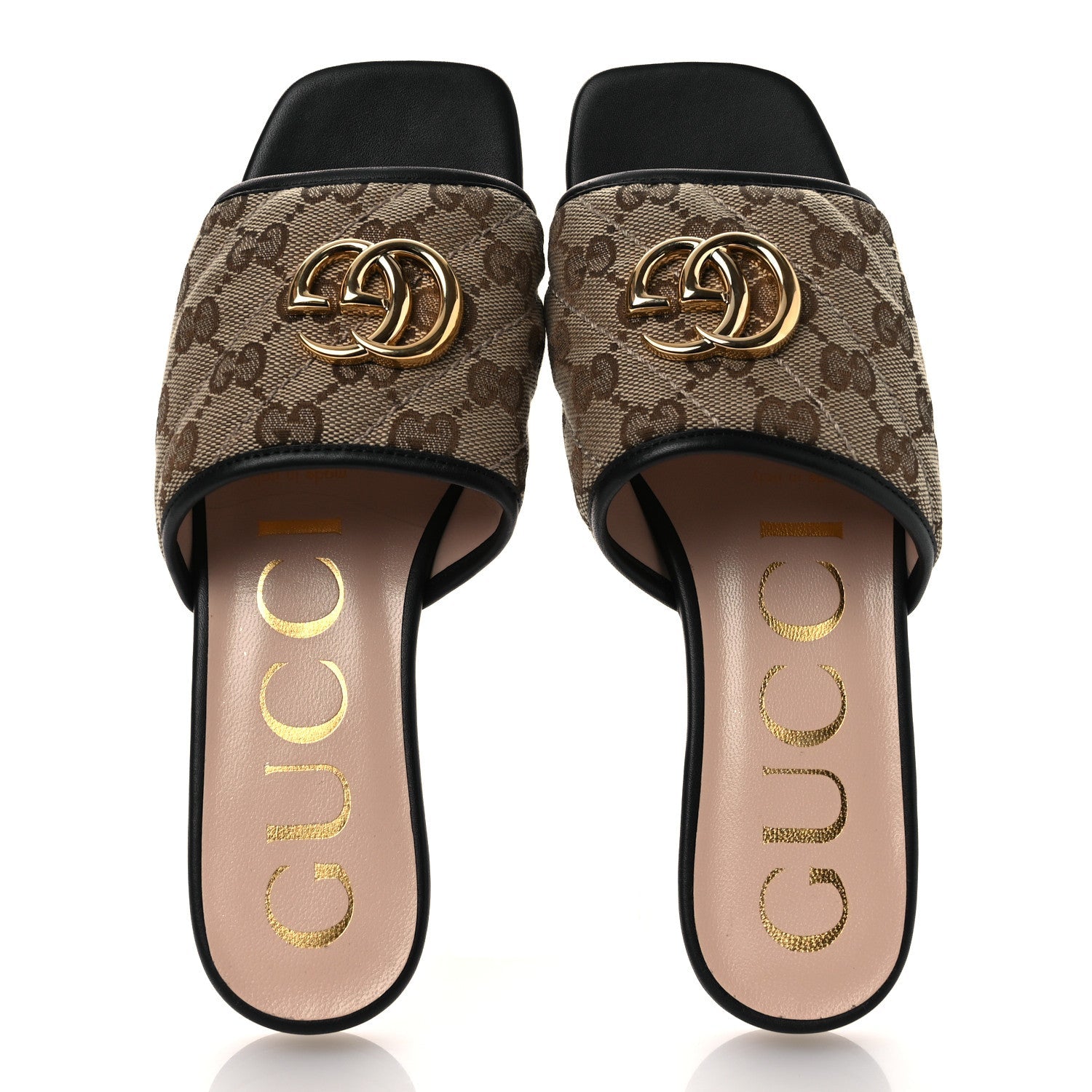 MONOGRAM MATELASSE DIAGONAL GG MARMONT FLAT SLIDE SANDALS BEIGE EBONY BLACK