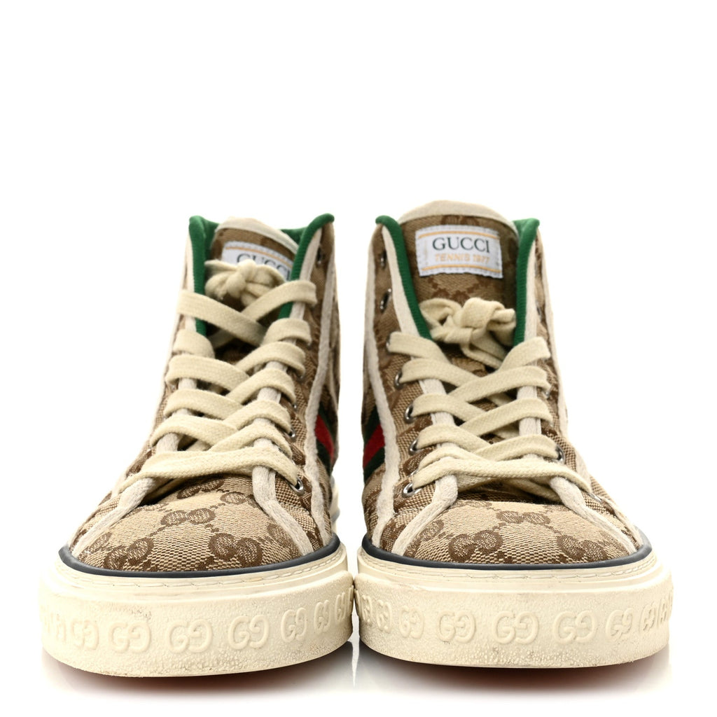 GG MONOGRAM WEB WOMENS 1977 TENNIS HIGH TOP SNEAKERS BEIGE EBONY MYSTIC WHITE