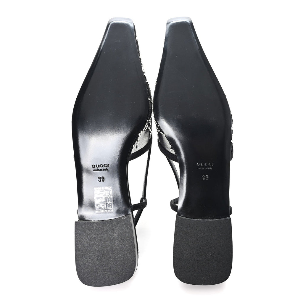 SUEDE MESH CRYSTAL GG MONOGRAM SLINGBACK BALLET FLATS BLACK