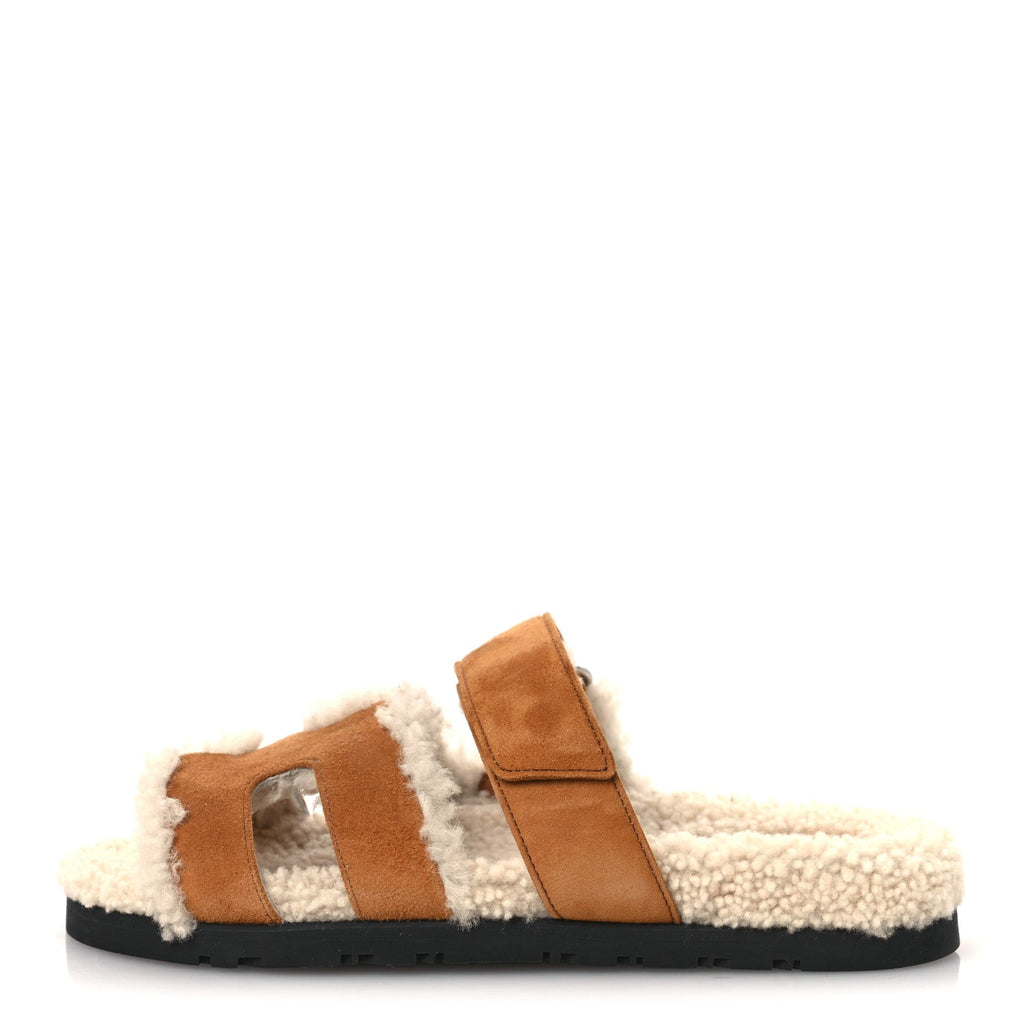 SUEDE GOATSKIN WOOLSKIN WOMENS CHYPRE SANDALS BRUN FUME ECRU