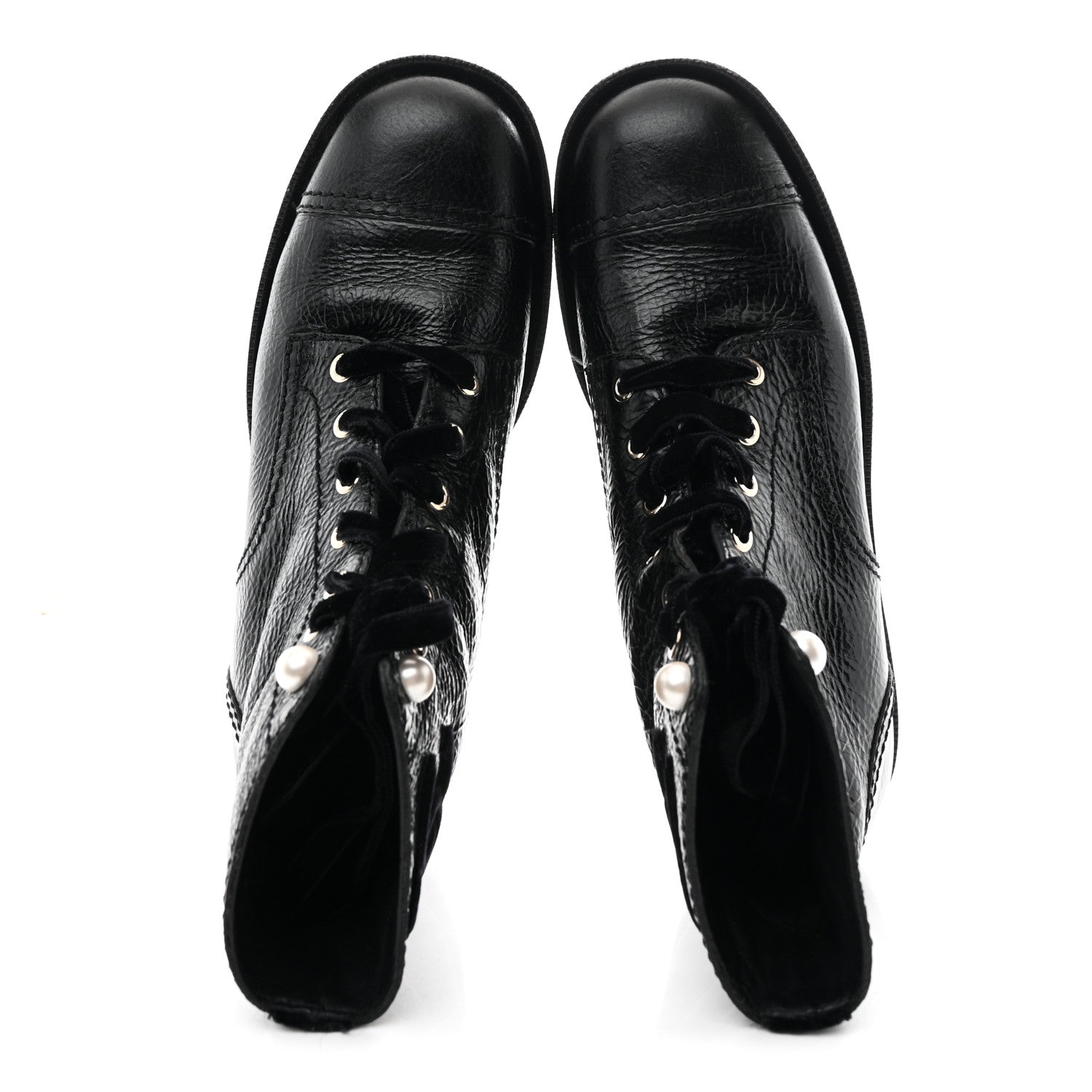 SHINY CALFSKIN VELVET PEARL COMBAT SHORT BOOTS BLACK