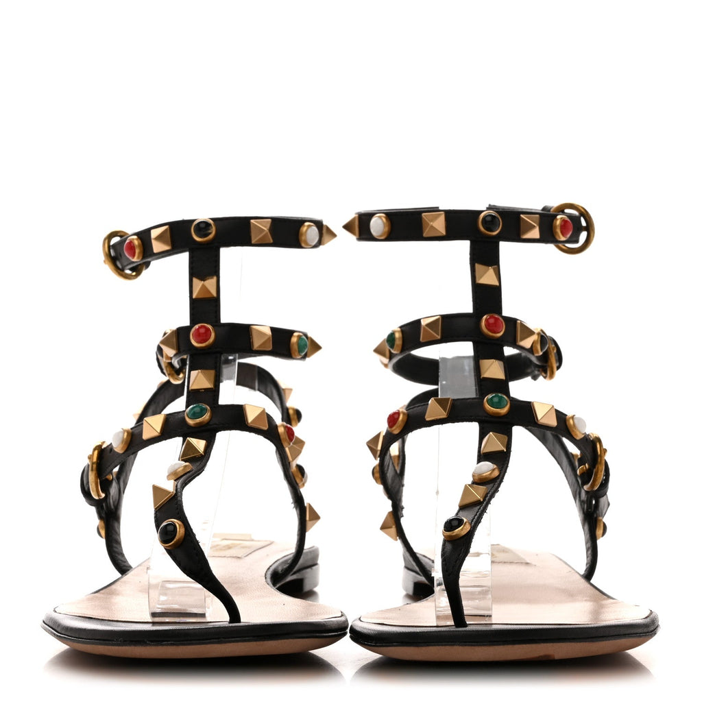 CALFSKIN ROCKSTUD ROLLING ANKLE WRAP FLAT THONG SANDALS BLACK