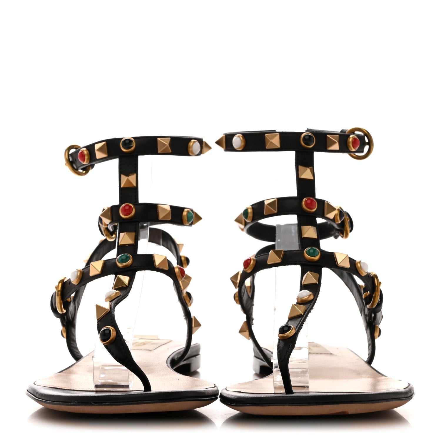 CALFSKIN ROCKSTUD ROLLING ANKLE WRAP FLAT THONG SANDALS BLACK