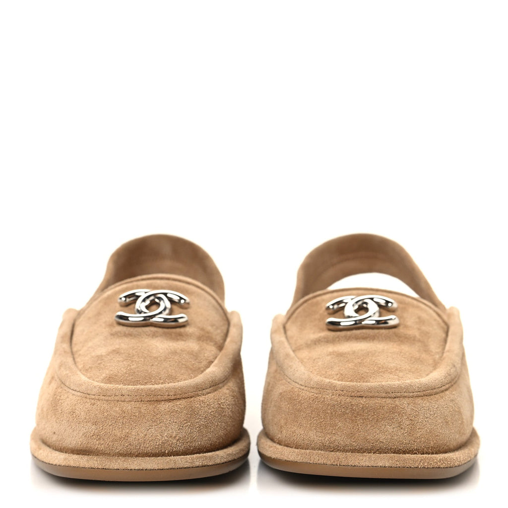 SUEDE CALFSKIN CC SLINGBACK LOAFERS DARK BEIGE