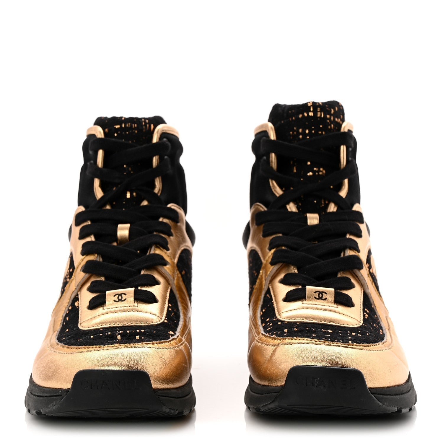 SATIN LAMBSKIN FABRIC TWEED CC HIGH TOP SNEAKERS BLACK GOLD
